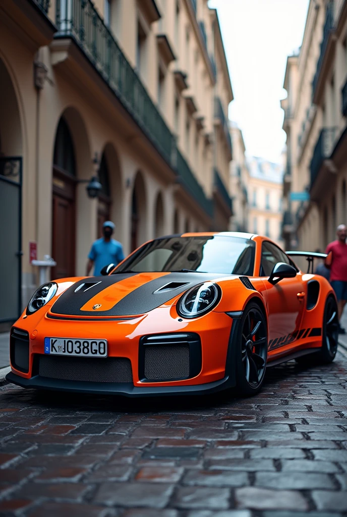 cree moi une photo d'une voiture de sport, une belle porsche GT3RS, avec un magnifique batiment avec des statue derrire, et le logo DELMAS RACING CARS SUR LE VOITURE EN COVERRING