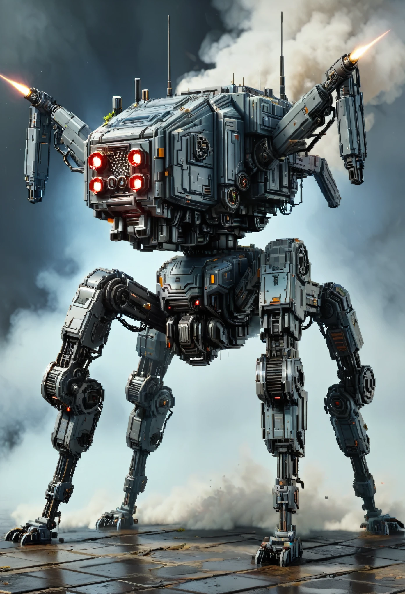 a large voxel spider robot, crawling, war machine, legs, shields, cold steel, laser gun, short range ballistic missile launcher, long range missile launcher on its back, pixel art, final boss fight, highly detailed, cinematic lighting, dramatic angles, grungy, dystopian, vibrant colors, volumetric fog, depth of field, hyper-realistic, intricate mechanical details, glowing energy effects, battle-damaged, epic scale, imposing presence, dramatic pose, powerful, intense, awe-inspiring, bluish gray