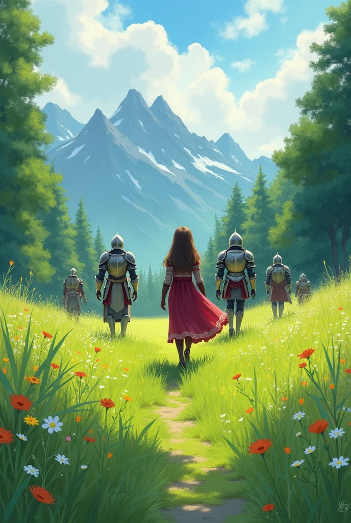In a green meadow stands a girl leading a group of knights. BREAK With a brave expression, she guides them towards their destination. BREAK Behind her, a green forest stretches out and beyond that, mountains rise in the distance. BREAK The most suitable effect for this scene would be a watercolor painting technique to capture the softness of the meadow and the fluidity of the movement.
INFO