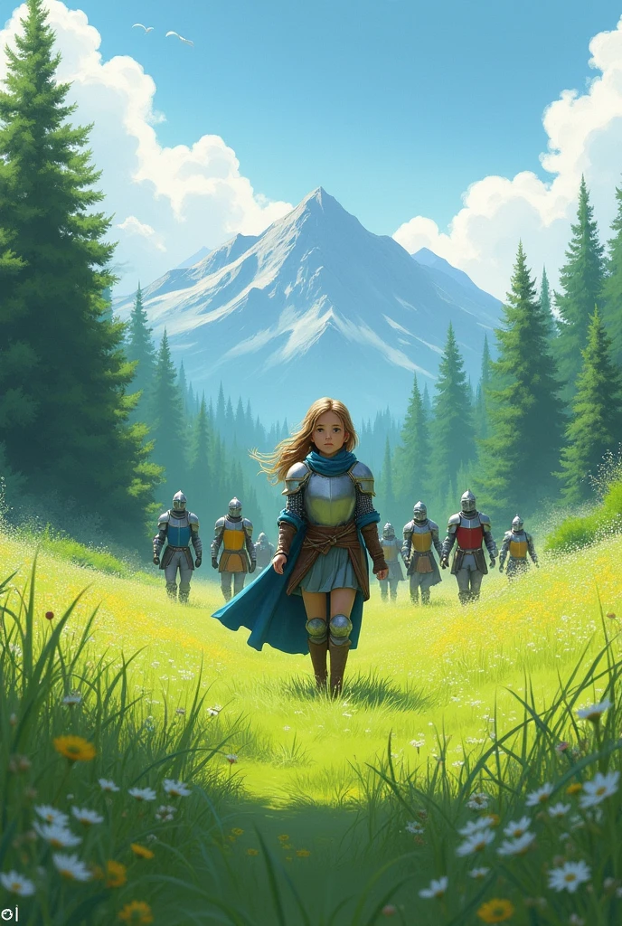 In a green meadow stands a girl leading a group of knights. BREAK With a brave expression, she guides them towards their destination. BREAK Behind her, a green forest stretches out and beyond that, mountains rise in the distance. BREAK The most suitable effect for this scene would be a watercolor painting technique to capture the softness of the meadow and the fluidity of the movement.
INFO