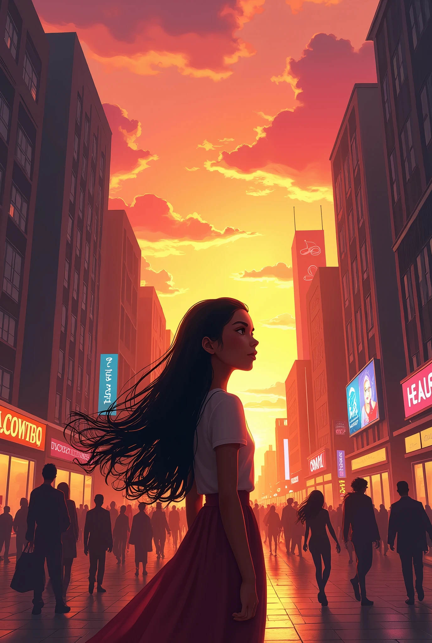 sunset, citys, shopping center, dark skinned girl with long hair