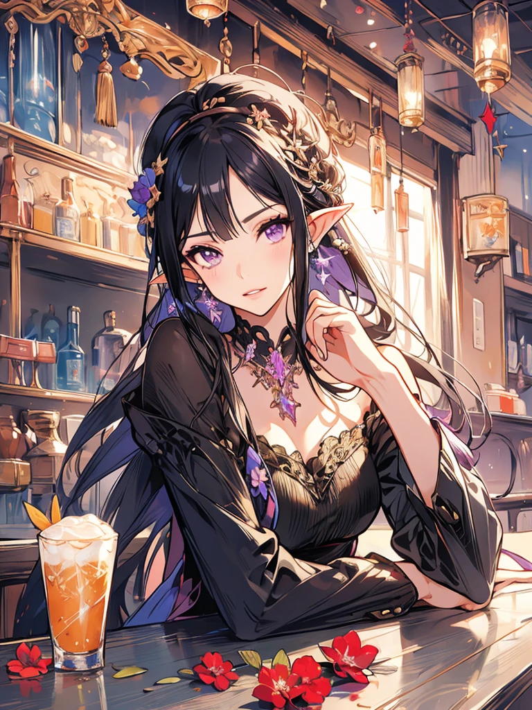 masterpiece, Highest quality, 1girl, Very detailed, Ultra-high resolution, Distinctive facial features, Anatomically correct, pretty girl, Long pointy ears, Fairy, Nice face,Black Hair, Purple eyes,one piece, cheers, Pub,