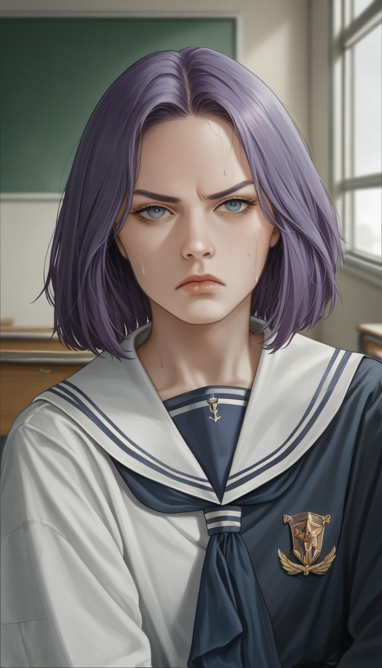 An eighteen-year-old young woman with long purple hair in a sailor suit sits in a classroom (school 1.5 in the background) (expression serious, cold 1.5) (best quality: 1.1) (masterpiece: 1.3) with an unparalleled masterpiece, surreal 8K, perfect artwork, super detail, best quality, masterpiece 4K wallpaper aesthetics, masterpiece, award-winning artwork, official art, cinematic lighting