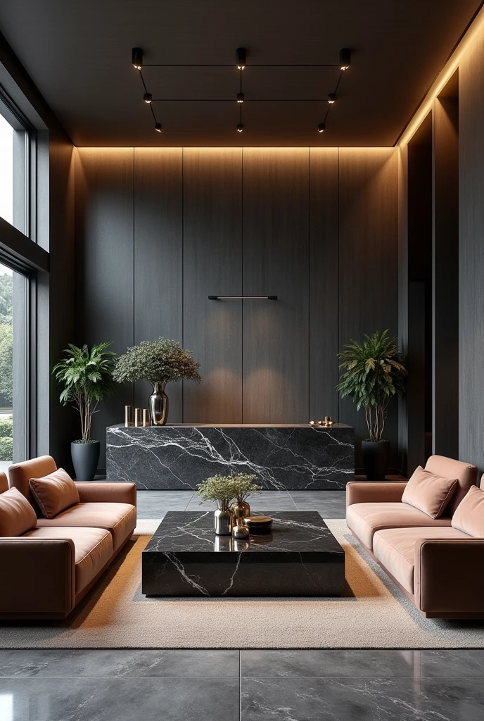 Professional 3d architecture rendering design of modern hotel’s Labi with dark slab stone and 4 dark brown velvet sofa Chairs and medium flouting dark gray marble station and elegant and modern glassy and silver accessories and modern windows and private space for baggage and black slab stone middle table and elegant accessories and modern ceiling lighting and beautiful green space