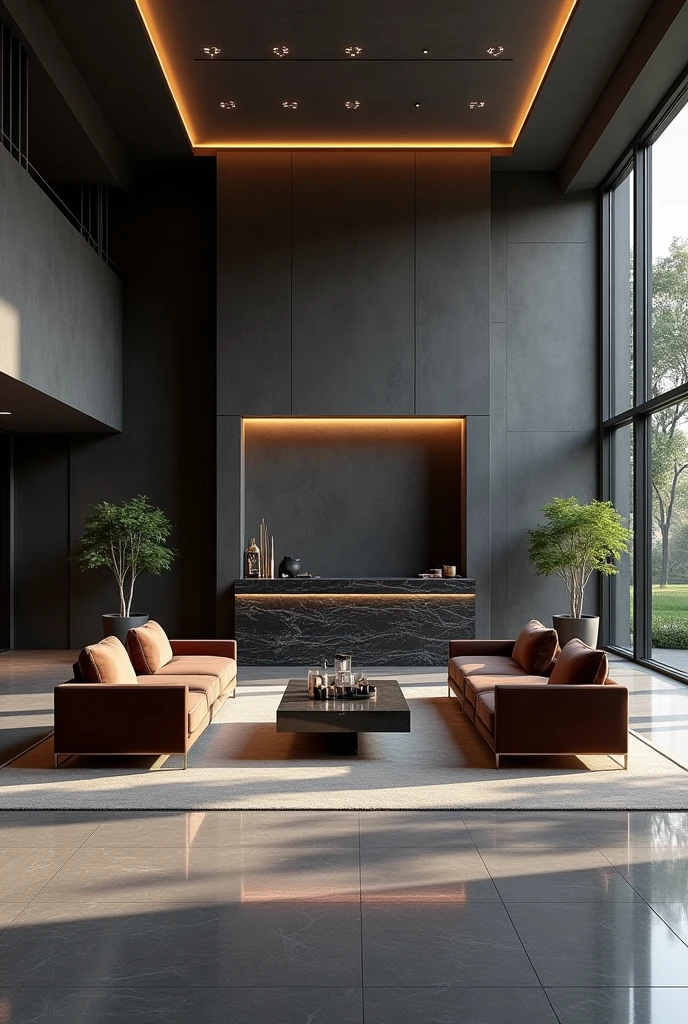 Professional 3d architecture rendering design of modern   hotel’s Labi with  dark slab  stone  and 4 dark brown velvet sofa   Chairs  and medium  flouting  dark gray marble  station and elegant and modern  glassy and silver accessories and  modern windows and  private space for baggage and black slab stone middle table and elegant accessories and modern ceiling lighting and beautiful green space 