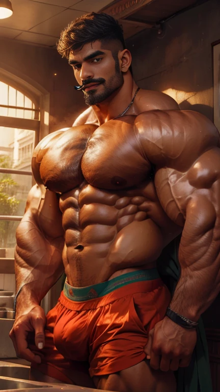 Indian business muscular man with handlebar mustache, masterpiece , huge bulge