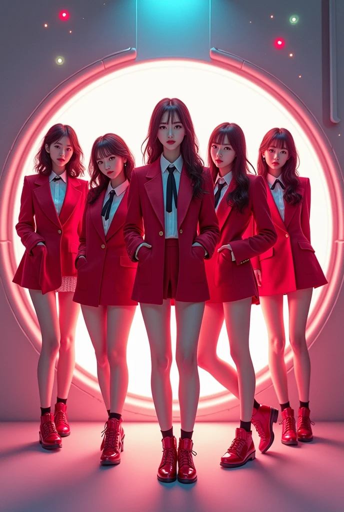 A five member kpop group with y2k  around them their all skinny and wearing y2k outfits  make it a round picture  red school outfits 