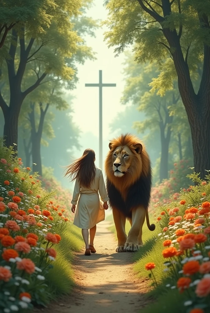 A person with windblown hair walking on a beautiful path together with a large lion, it&#39;s a long way, with many flowers and trees. At the end of the path there is a cross