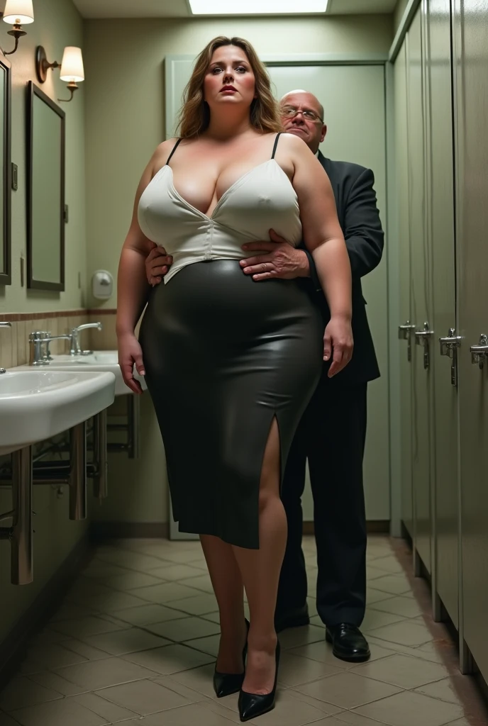 software, extremely Realistic, graphic, masterpiece, (A detailed scenario of an restroom), (Detailed background of an restroom), standing large voluptuous Swedish (Woman 1), ((Woman 1standing facing camera.)), ((long pensil skirt)), ((extra huge tits)), ((Big Ass)), ((Thick thighs)), ((pantyhose)), (high heels), (disdain expression), Blushed, small middle-aged man touches woman 1's leg and breast from behind, ((man is ugly short Japanese)), (((man pressing his chest on Woman 1 back))) and (((Hold her back by her waist)))