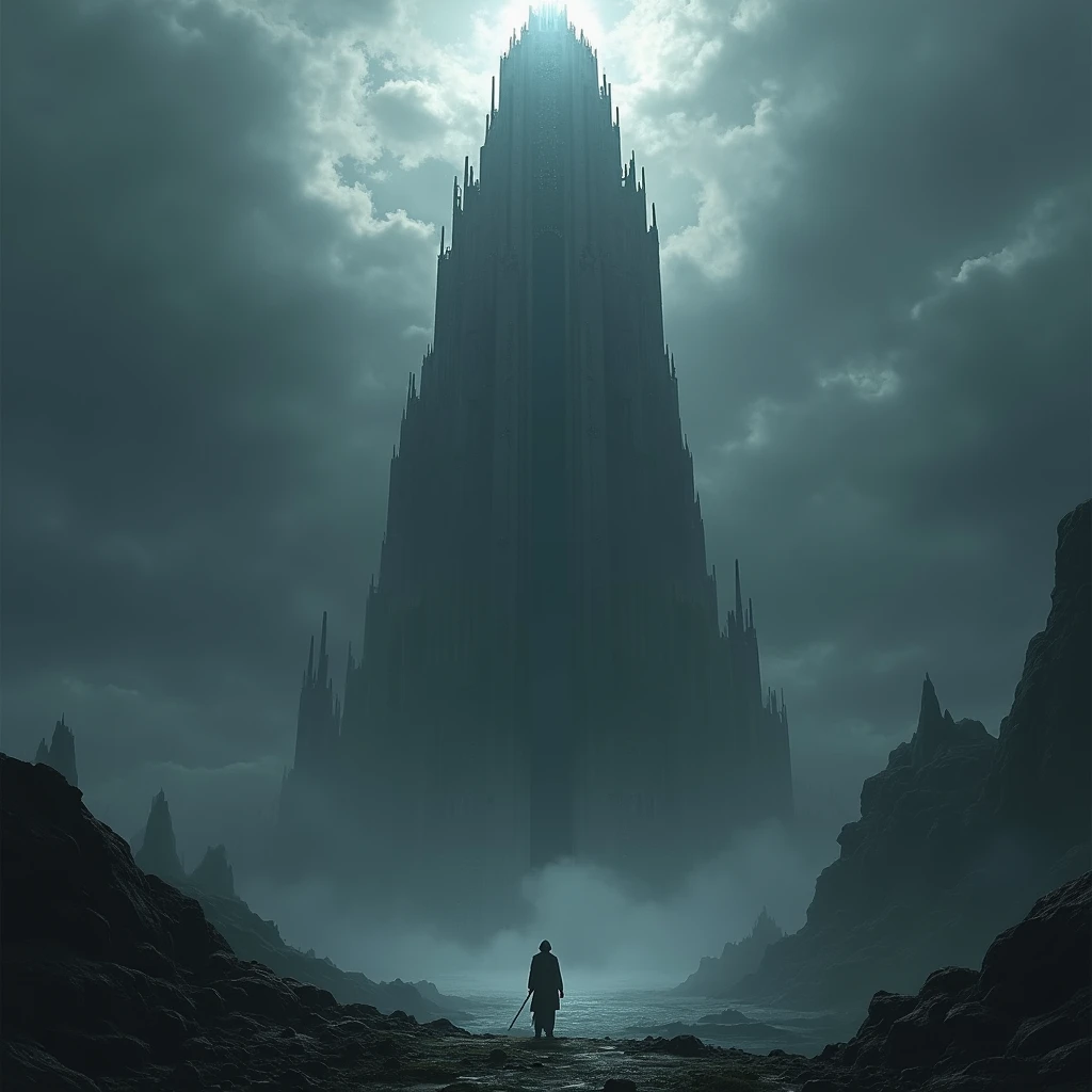 a very tall tower as if it reached the heavens, the sky has clouds as if it were pierced by the tower, no people appear in the scene, the dark and obscure scene, gives a feeling of tension