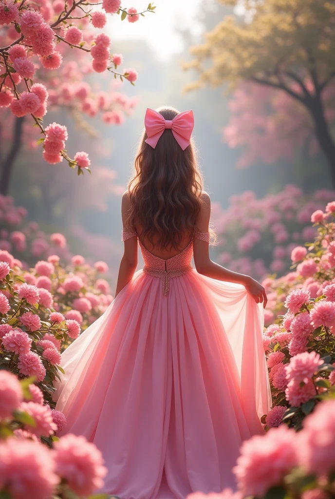 Best 8k quality Super realistic woman.
This woman has her back turned, your hair is wavy, in your hair there is a big pink bow that is very beautiful.
She wears a very beautiful long pink dress.
She is standing in a garden full of pink flowers and she is looking at the flowers..
It is centralized. 
