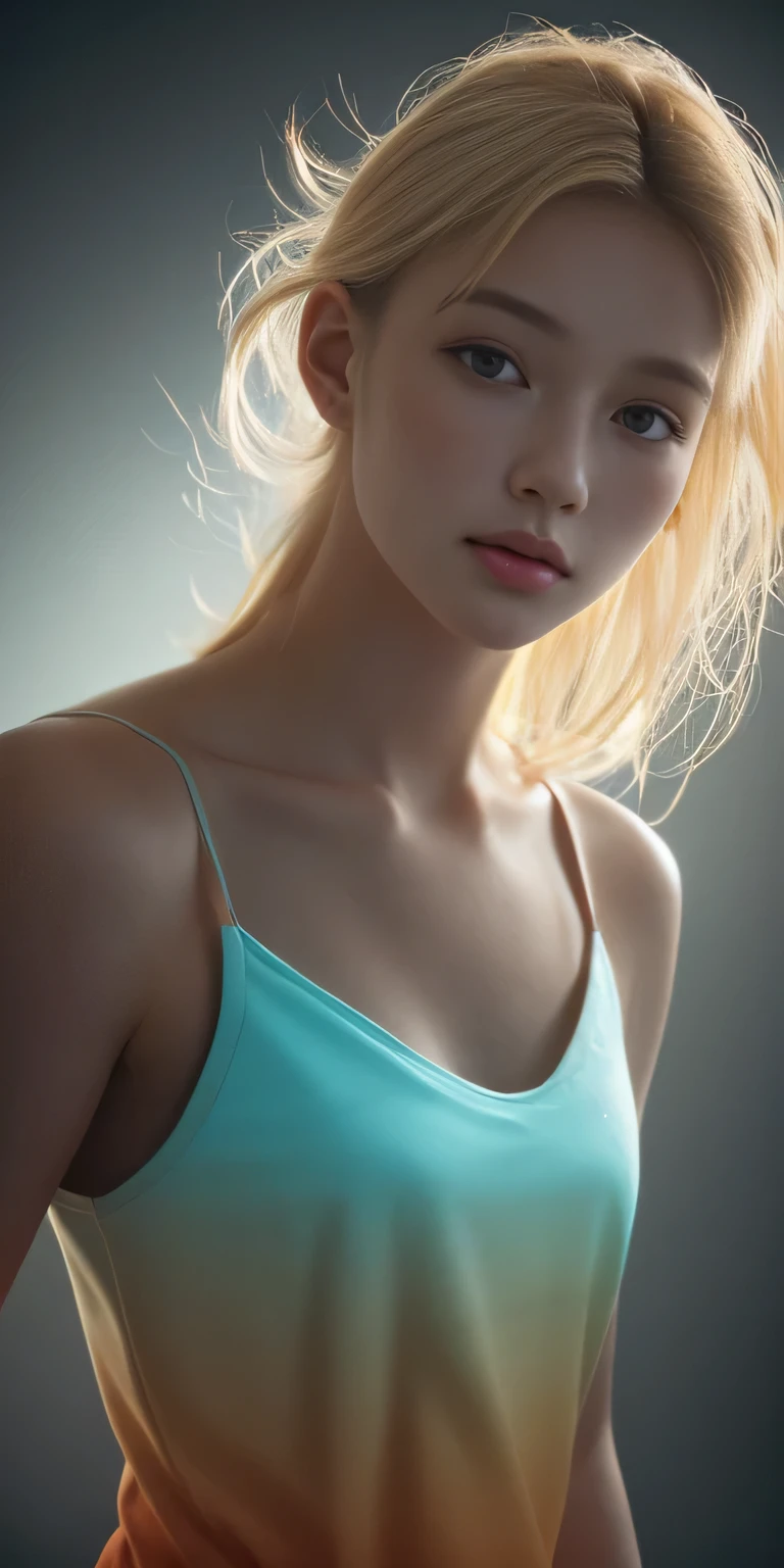 A 20-year-old female, Blonde, (High-top gradient:1.3), Dark theme, Soothing tones, Soft colors, High contrast, (Natural skin texture, Surrealism, Soft Light, sharp)