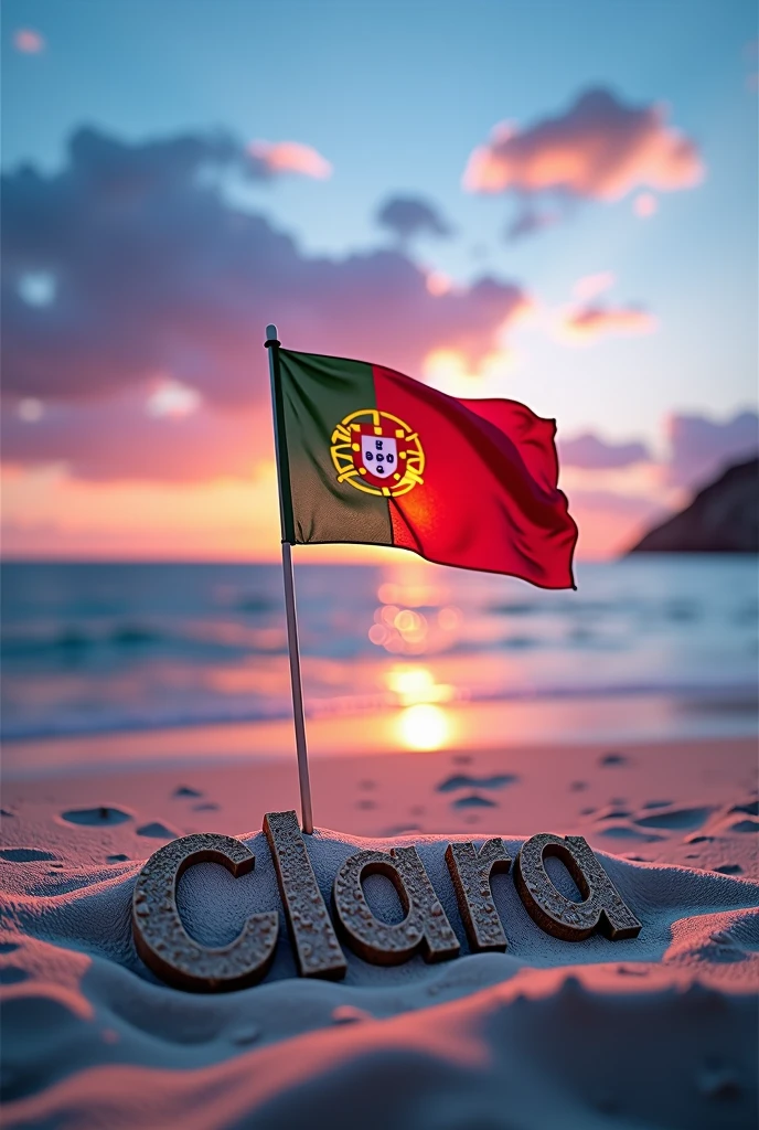 Create an image showing the sea in Portugal with the flag of Portugal and the name Clara engraved in the sand with a blue and pink sunset