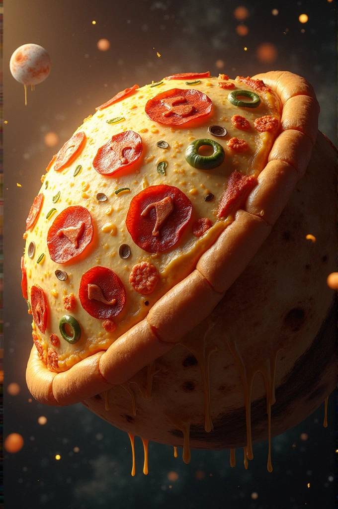 **Prompt:**
Create a highly detailed image of a planet similar to Venus, but with a unique, whimsical twist: the planet’s surface is textured like a giant pizza. The planet should feature a golden-brown, crispy crust as its outer layer, with patches of melting cheese and various pizza toppings like pepperoni, mushrooms, and green peppers. The atmosphere should be adorned with an aureole made of swirling cheese, oregano, and basil, creating a flavorful halo around the planet. The overall effect should blend realistic planetary features with playful, pizza-themed elements, set against a cosmic backdrop.