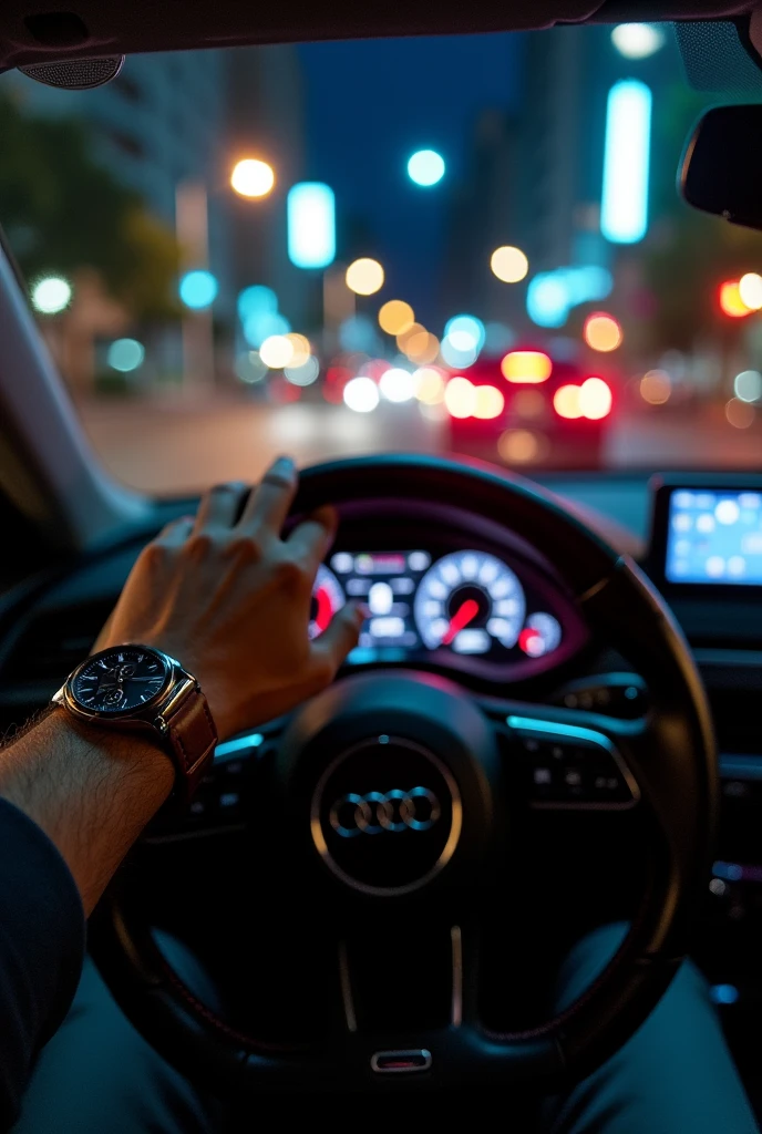 generate a photo as if it were taken from an iphone 13 with flash, and the photo without any blurred angle, all focused. The photo will be from inside an Audi in the first person camera,  at night on the streets of São Paulo with traffic and only one hand on the steering wheel and a watch 