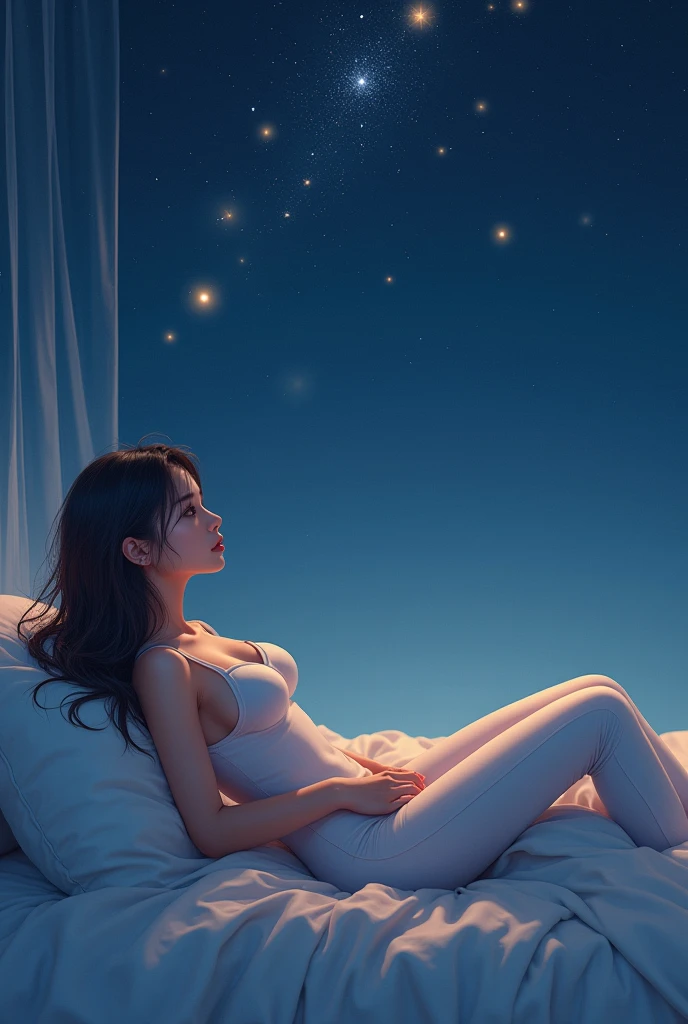 Girl lying in bed under the starry sky,Exquisite smile,Beautiful and delicate eyes,Beautiful and delicate lips,Extremely detailed face and eyes,Wearing hip-lifting pants with your back to。Long eyelashes,Show off your perfect body,belly button,best quality,Excellent Works,((Full body view)),Back to back showing perfect buttocks
