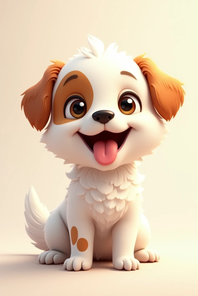 A small white dog with brown spots on her body smiling with her tongue out
