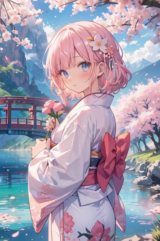an anime girl in white holding pink flowers by a river with mountains in the background, 1girl, outdoors, japanese clothes, solo, cherry blossoms, kimono, pink hair, looking at viewer, mountain, blush, blue eyes, flower, bridge, hair ornament, holding flower, holding, bangs, sash, day, tree, obi