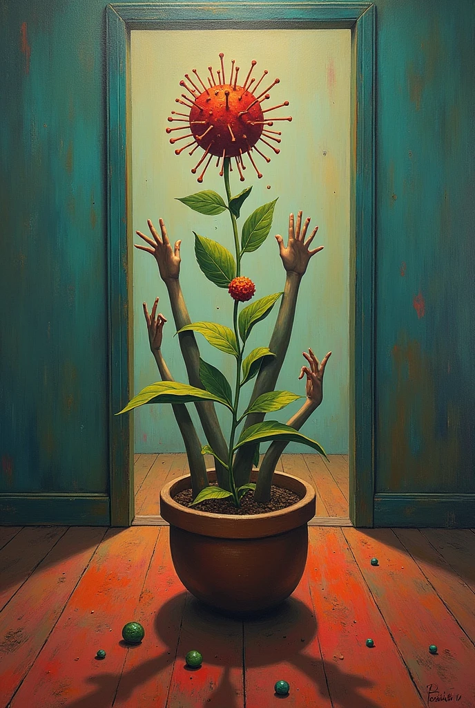 painting of a room with a plant and several hands reaching out of it, surreal painting, surrealistic painting, a surrealist painting, surrealist painting, surrealist artwork, surrealism aesthetic, surreal oil painting, surreal illustration, surrealist art, whimsical surrealism, dreamy painting of coronavirus, surreal art, abstract surrealism masterpiece, abstract surrealism, surrealistic style