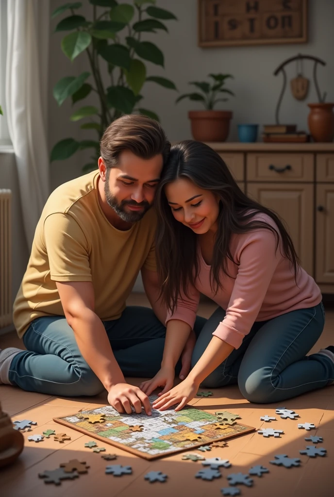 An adult couple playing puzzles together on the floor. Tall thin man, fat woman, long hair. PICTURE REALISTIC.