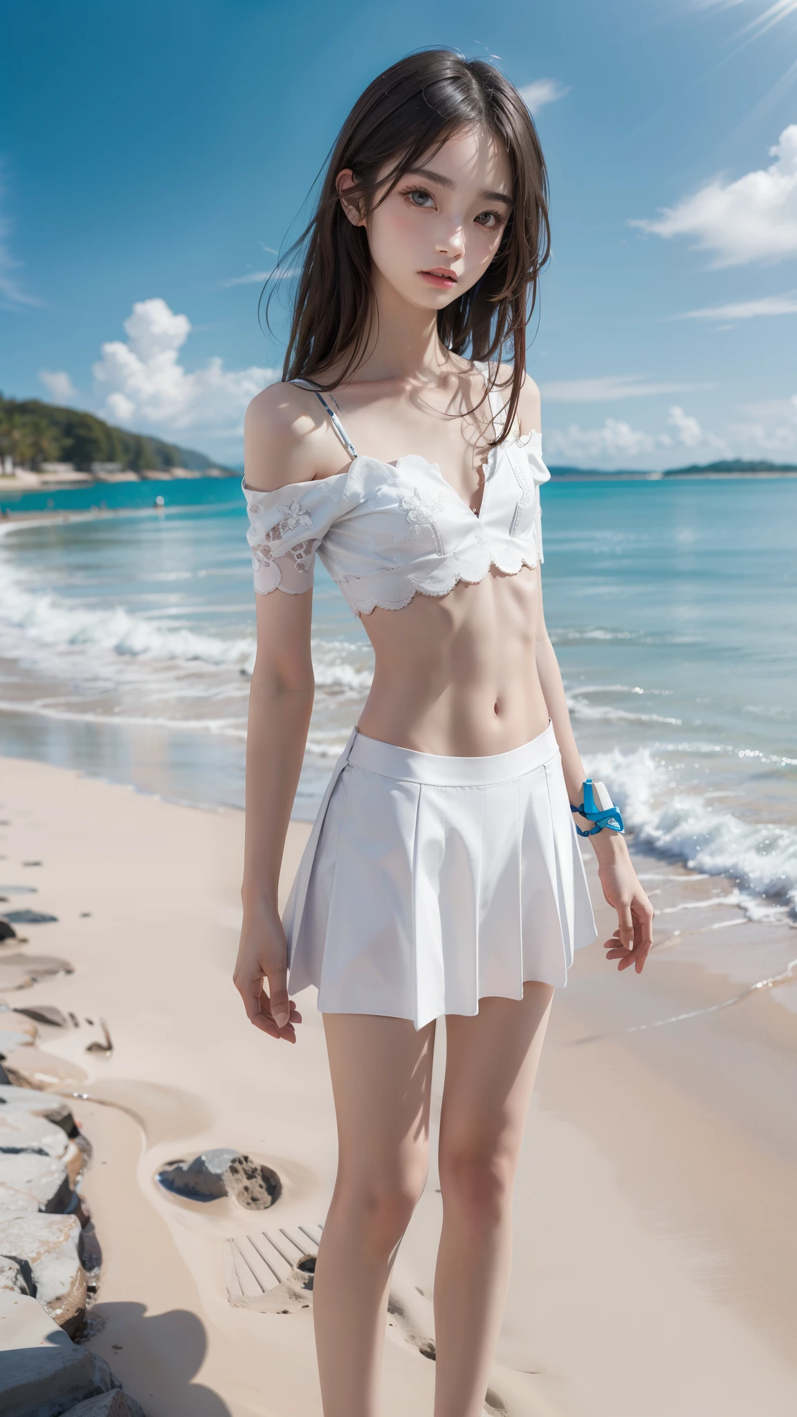 Twins, two Japanese high school girls、Standing with the sandy beach in the background、(((flat chest))), (flat chest:1.1)、(((masterpiece))), best quality, illustration, (age girls), white long hair, beautiful detailed brown eyes, white long straight hair、((cute)), (petite), slim, solo, solo focus, shirt, skirt, full body, 、Small head, small face、(((flat chest))), (flat chest:1.1)、Navel bare, off-the-shoulder with beautiful collarbones、short torso、having a short torso、detail, High detail, 最high quality, High-resolution model, high quality, Very detailed, Ultra high definition, Textured skin, 最high quality, masterpiece, High resolution,