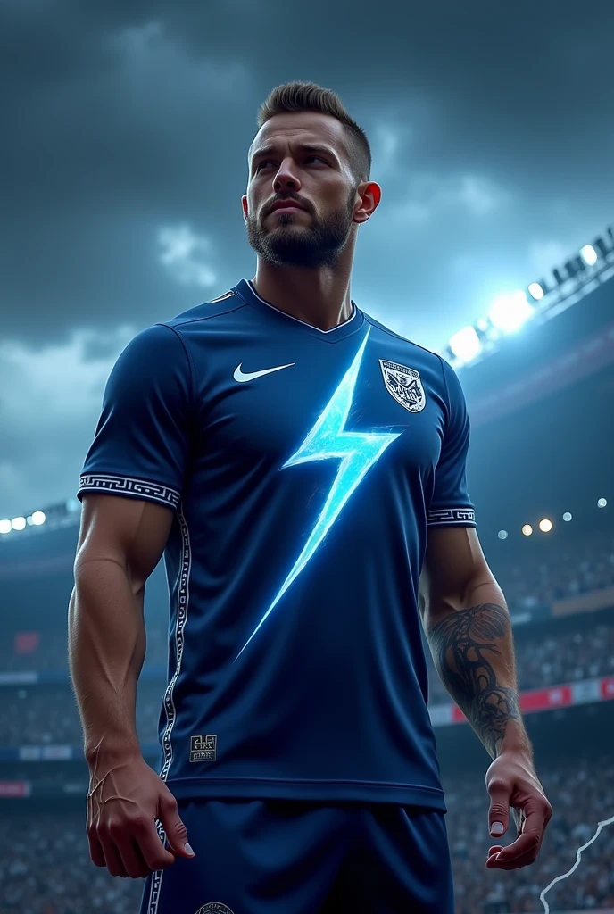 Football shirt model where the color will be dark blue with a lightning bolt in light blue, the uniform in the Zeus theme