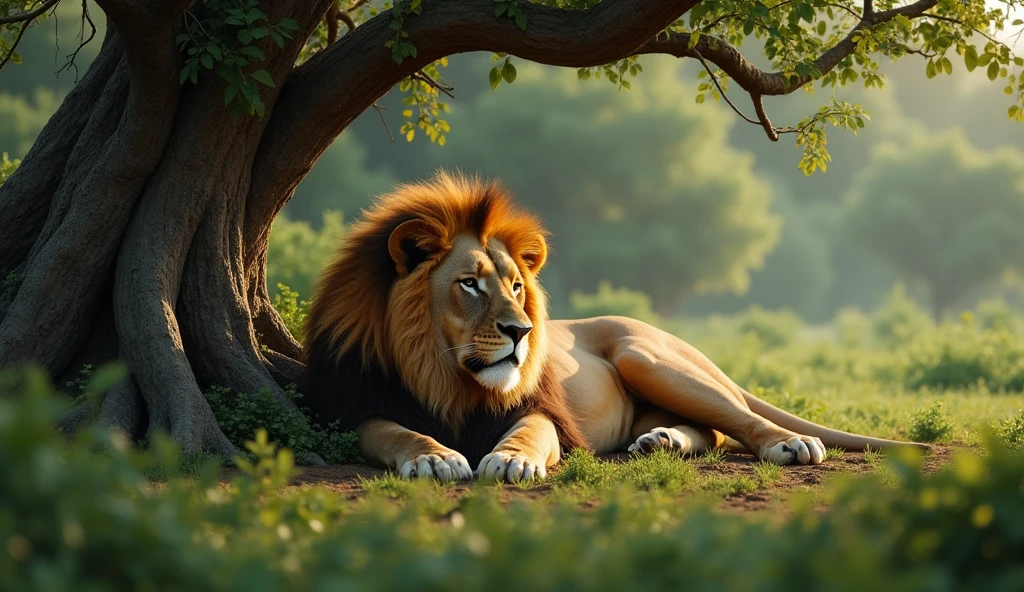 A large, majestic lion is peacefully sleeping under a big tree in a dense jungle.