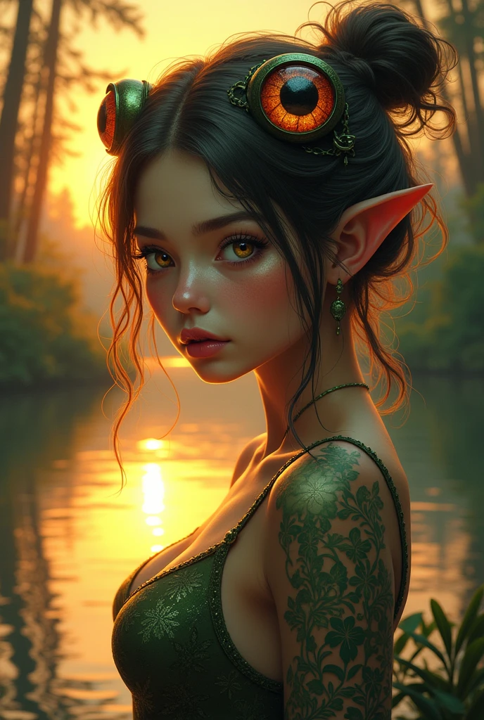 sensual gorgeous toad girl , colorful vivid, expresive beautiful eyes, with the sun setting in the background of a beautiful lake between trees. Roxy Paine Loish , Anne Bachelier portrait style,intricate, highly detailed