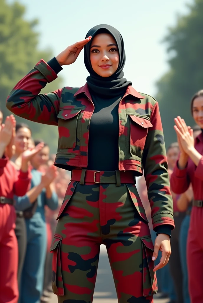 1 solo Malaysia women hijab black s. Women Venus body type . Firefighter women . Loose shirt .Black shirt long sleeve salute position. Firefighter jacket camouflage red green black color. Cargo pant camouflage red green black. firefighter jumpsuit wear tight in . Very muscle body. many colorfull man cheerfull face clapping hand surrounded women . Standing on firetruck ladder