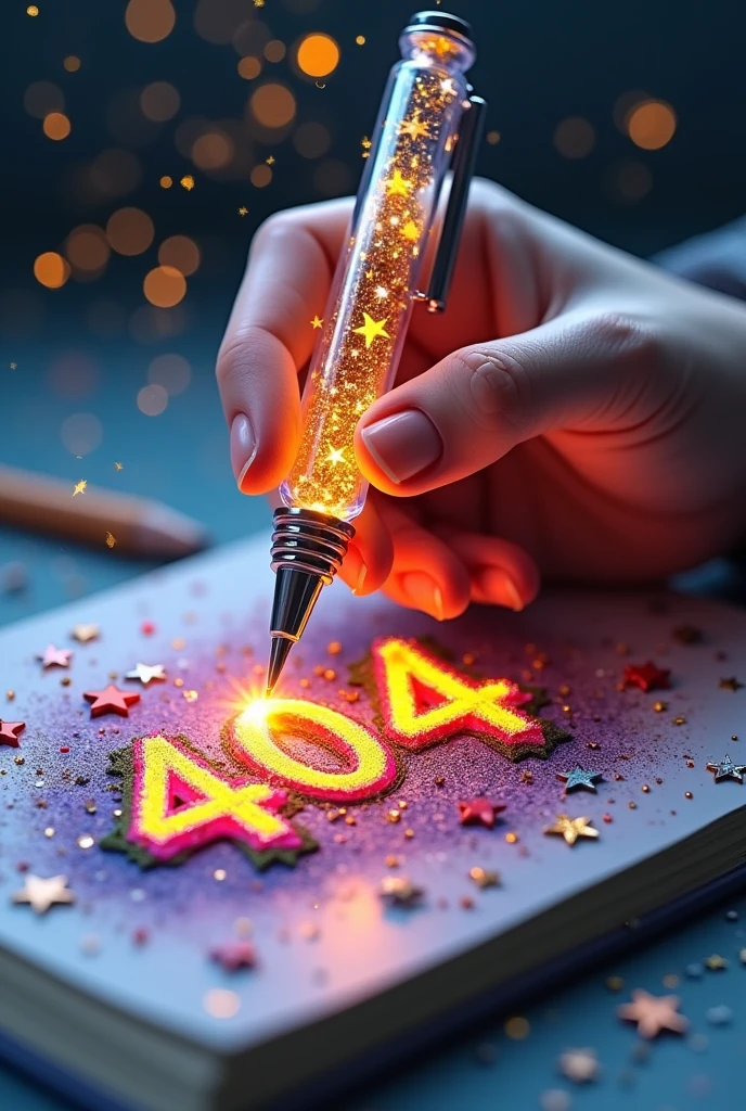 Fascinating, hyper-realistic 16K 3D figure captures a magical moment of pure creativity. Talented artists expertly depict heartfelt messages, "404 ", In your notebook. The text is composed of Vibrant, Sepia-toned stars with smooth transitions across the spectrum. Artist&#39;s Hands, Holding a transparent pen filled with sparkling stars, Exquisitely detailed, Symbolizes limitless creativity and imagination. Background、A three-dimensional sketchbook setting scattered throughout, このFascinating作品に深みと立体感を加える, gameffiti-inspired scene. The figure radiates energy, Movement, and Vibrant colors, A true work of art that celebrates creativity and imagination.., game, Cinematic, Vibrant, gameffiti, Painting, typogamephy, product, figure, photograph, 3D Rendering, fashion, Dark fantasy