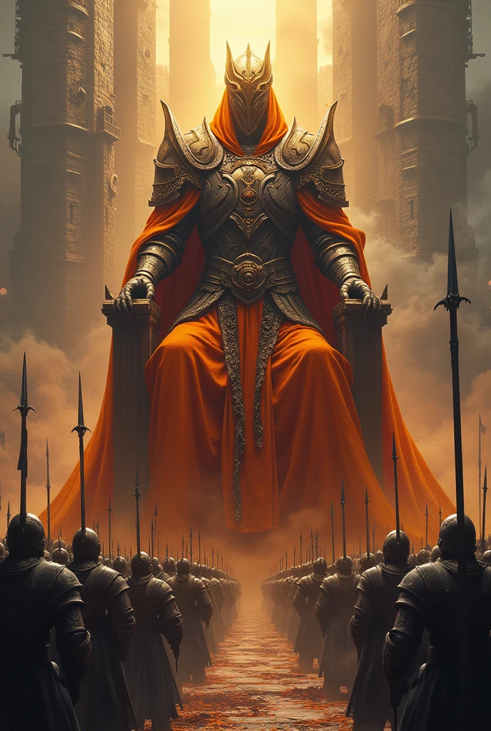 A headless king who wears orange armor and his throne sits atop a beautiful castle and has a large army