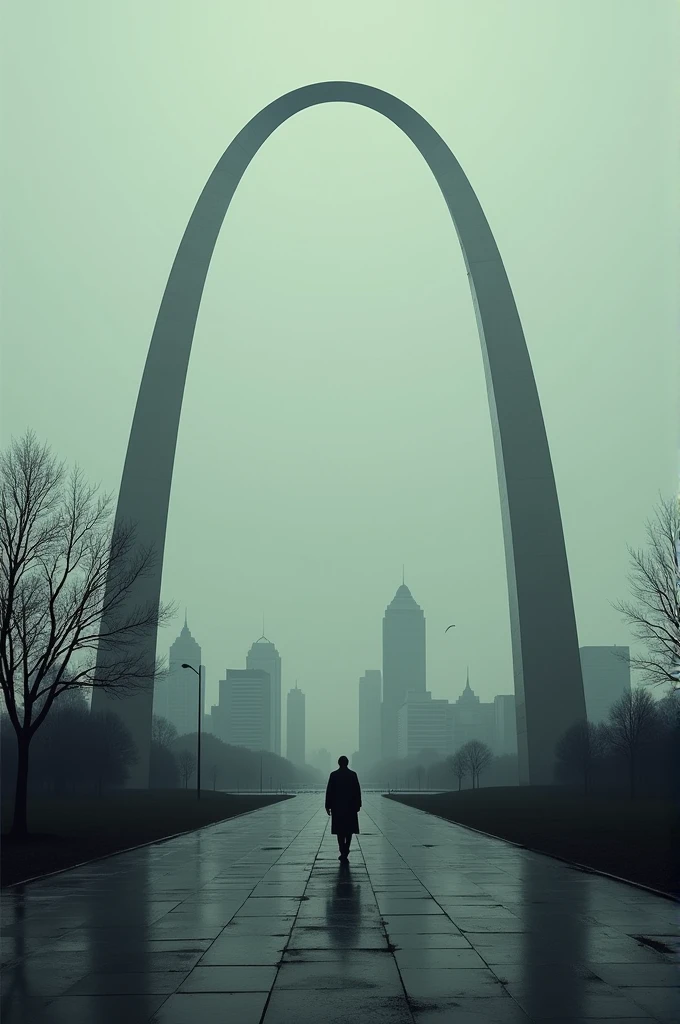 An image of the Gateway Arch with a somber or serious tone to reflect the city's crime issues.