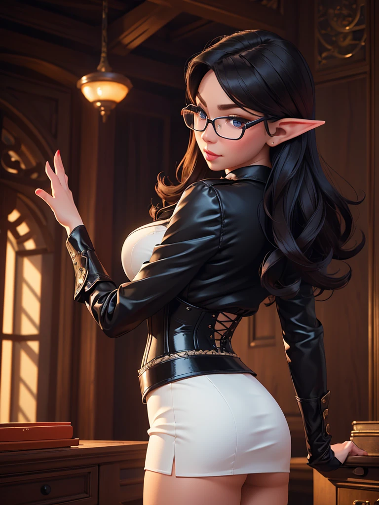 A beautiful busty Asian elf secretary woman in a short leather skirt corset and open blouse, wearing glasses, (best quality,4k,8k,highres,masterpiece:1.2),ultra-detailed,(realistic,photorealistic,photo-realistic:1.37),female elf,beautiful detailed eyes,beautiful detailed lips,extremely detailed eyes and face,longeyelashes,elegant,graceful,professional office attire,white blouse,short black skirt,seductive pose,looking at camera,studio lighting,vivid colors,intricate detailed background,fantasy landscape,magical atmosphere view from behind