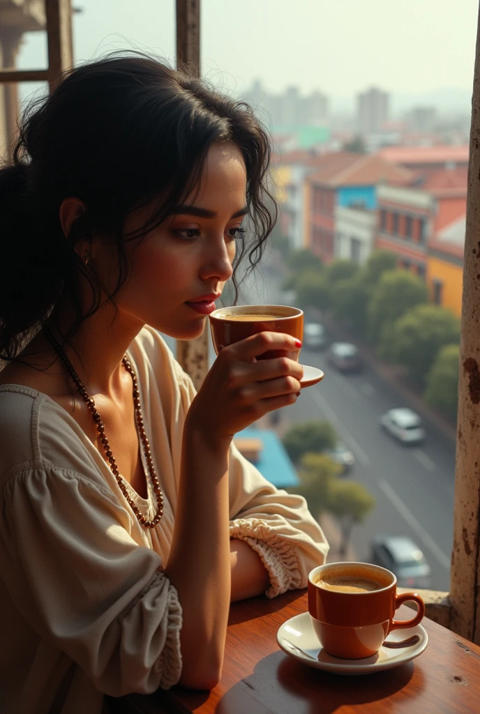 A Brazilian woman drinking coffee facing the city of Ituiutaba