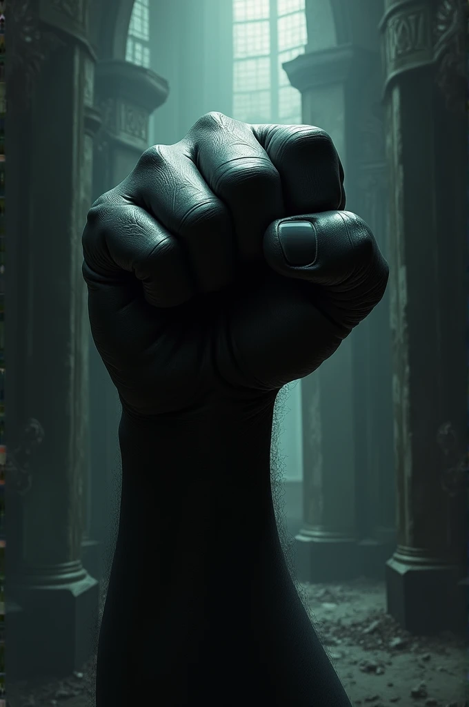 Black flexed fist in a gothic atmosphere