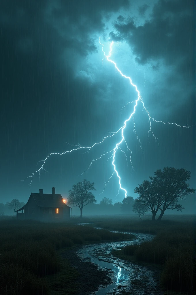 On a stormy night, The sky is covered by dark and heavy clouds. The rain falls in torrents, as the violent wind bends the trees. Lightning tears through the sky, briefly illuminating the landscape in a ghostly glow, revealing isolated houses in the middle of the vastness. 
The thunder resounds with a thunderous force, reverberating through the ground and shaking the structures of the few houses present, whose lights flicker, threatening to delete at any moment. The windows slam shut, following the chaotic rhythm of the storm, while puddles of water accumulate in the streets and gardens, reflecting the fury of the sky above. Nature seems to be in a rage, as if something deep and ancient was awakening with the violence of the storm, and everything around is at the mercy of this overwhelming and unpredictable power. The darkness is almost total between the lightnings, enveloping the world in a blanket of uncertainty and fear, where time seems to stop, and every second is marked by the next deafening boom from the heavens.