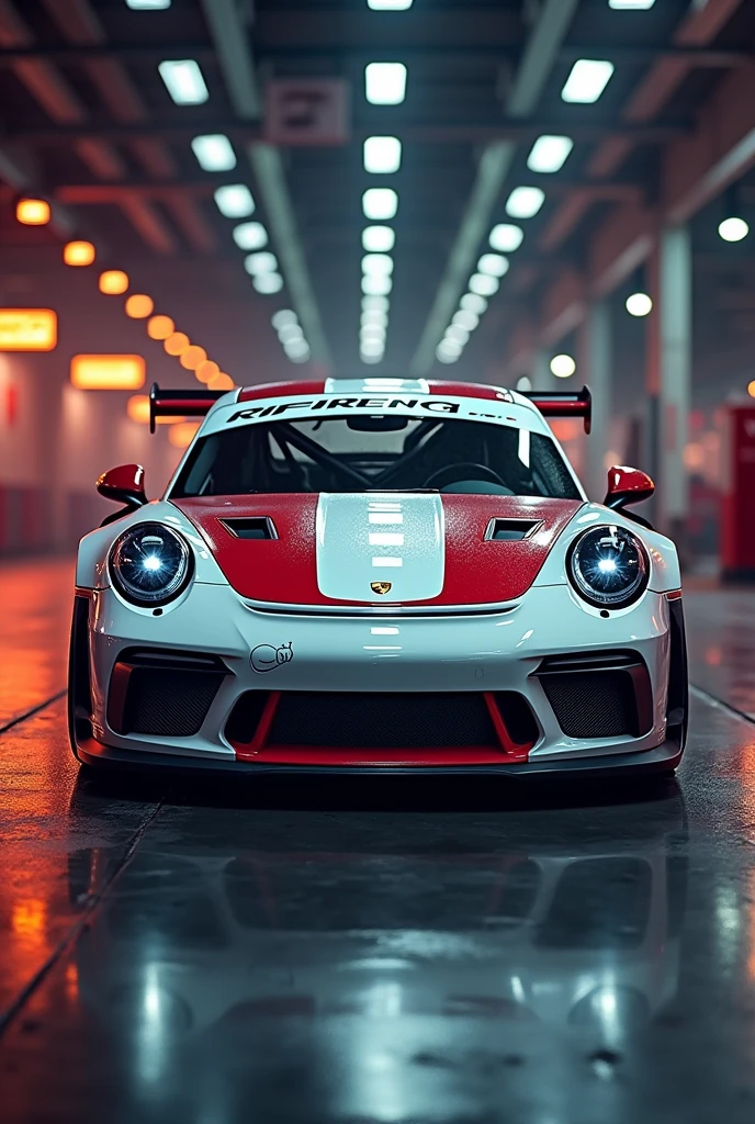 create a photo of a Porsche GT3RS with a big DELMAS RACING Logo