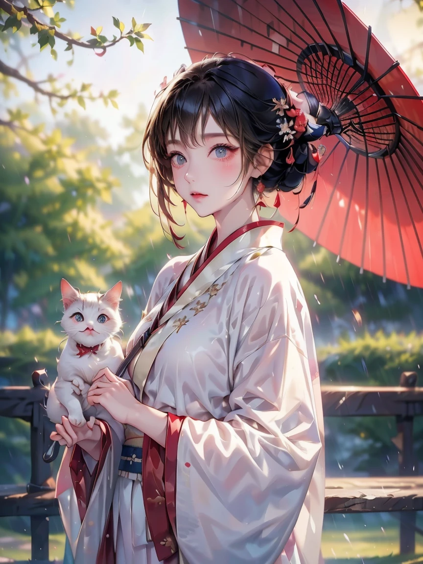 Japanese woman in a white robe and her American Shorthair cat Holding a red umbrella in the park it's raining A woman and a cat are sheltering from the rain under the same umbrella in a rainy park Watercolor art