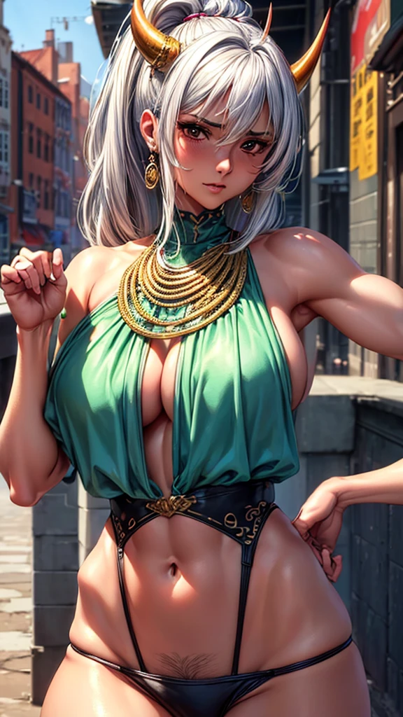 (Best quality at the best price,8k,A high resolution,masterpiece:1.2),Digital Artwork,a muscular girl,detailed face,detailled eyes,oni Horn,Silver hair,green lower body hair,big boobs,gold earring, jeanront View,Street shot, naked.