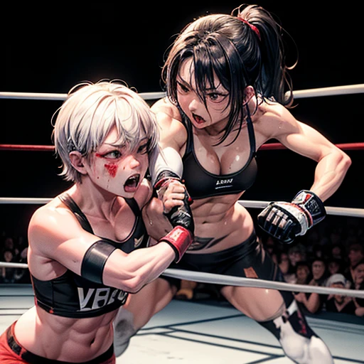 two (bloody) beautiful Japanese female fighters are fighting in the octagon fighting ring of underground arena with audience. a fighter is punching a face of another fighter who has her back pressed against the ring rope. they are covered in (blood) and (bruises). (Intense violence), her face is distorted by opponent's attack.they are damaged terribry. Short-cut black hair, out of breath, drooling from mouth, one eye is closed, exhausted, drenched in sweat. Erect nipples. open finger glove. sports-bra, high-leg panty, Stockings. armwarmers. Whittled waistline, muscular, sixpack abs, small breasts