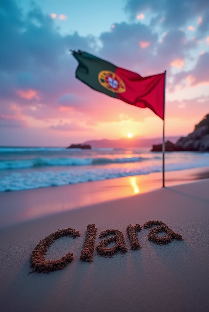 Create an image showing the sea in Portugal with the flag of Portugal and the name Clara engraved in the sand with a blue and pink sunset