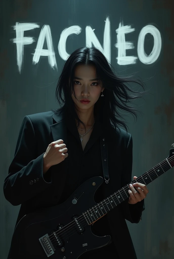 Asian k-pop boy in a dark place with long hair and in the background the word facneo written and holding his fist and an electric guitar