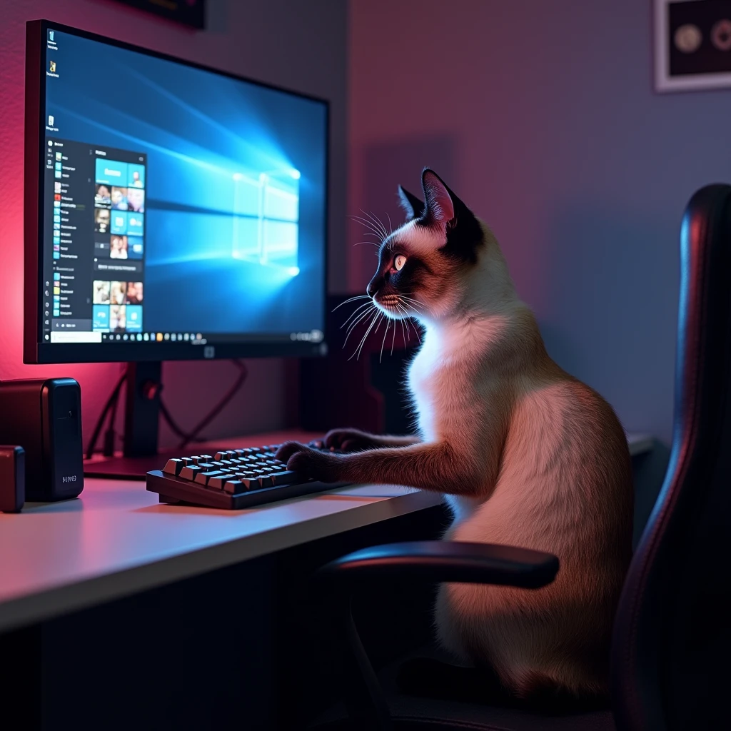 Make a Siamese cat that sits at the monitor and types on the keyboard at the gaming computer