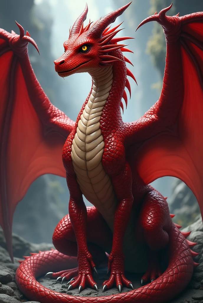 Uma draconato fêmea de d&d, red scales, that it is imposing and beautiful