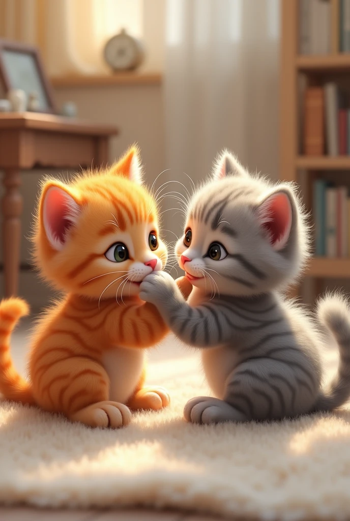 The orange kitten has a playful expression, while the gray kitten looks at it with gentle affection.