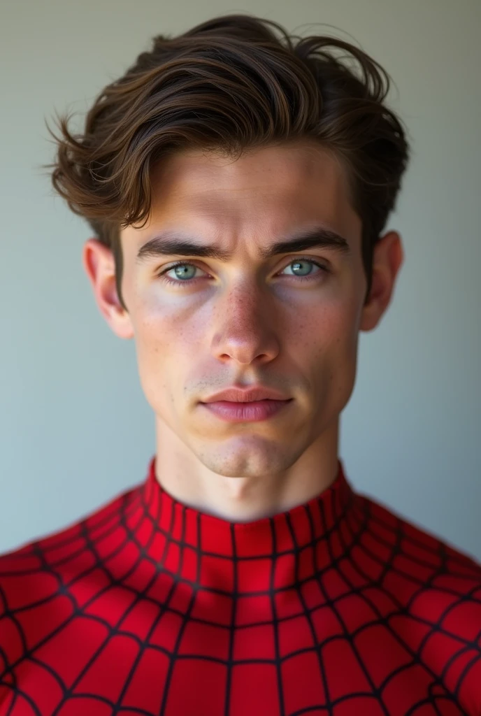 A photograph of spider man, no mask, 20 yo, handsome, detailed face, looking at camera, portrait, 8k uhd, high quality