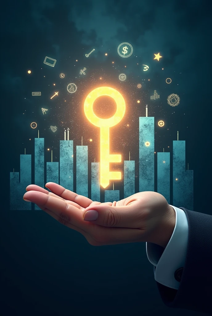 "Design a Facebook cover photo that conveys the message that sales are the foundation of every successful business. The image should feature a large, central symbol, like a glowing sales graph or an open hand holding a shining key, representing sales as the key to business success. Surrounding this central image, depict a variety of business elements—such as products, customers, and dollar signs—fading into the background, symbolizing that without the ability to sell, these elements lose their value. Include a subtle but clear message like 'Sales Are Everything' or 'No Sales, No Business,' integrated into the design. The overall tone should be bold and direct, with a strong contrast between light and dark elements to emphasize the critical role of sales."