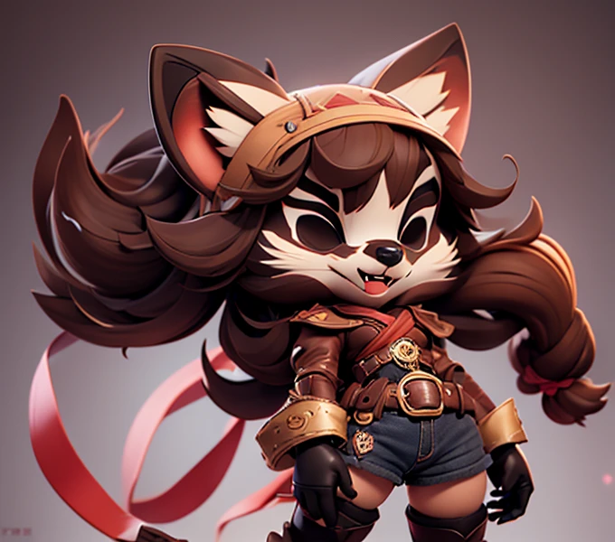 a raph, raccoon ears, raccoon girl, animal ears, long hair, brown hair, raccoon tail, tail, gloves, brown gloves, belt, thigh boots, thighhighs,  zettai ryouiki, red ribbon, masterpiece, best quality, solo, cinematic lighting, looking at viewer, full body