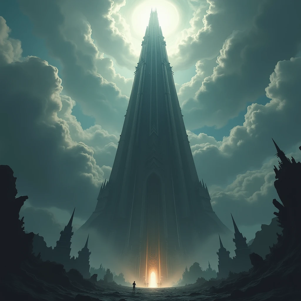 a thin and very tall tower, reminiscent of the tower of babel, as if reaching the heavens, the sky has clouds as if it were pierced by the tower, no people appear in the scene, the dark and obscure scene, gives a feeling of tension