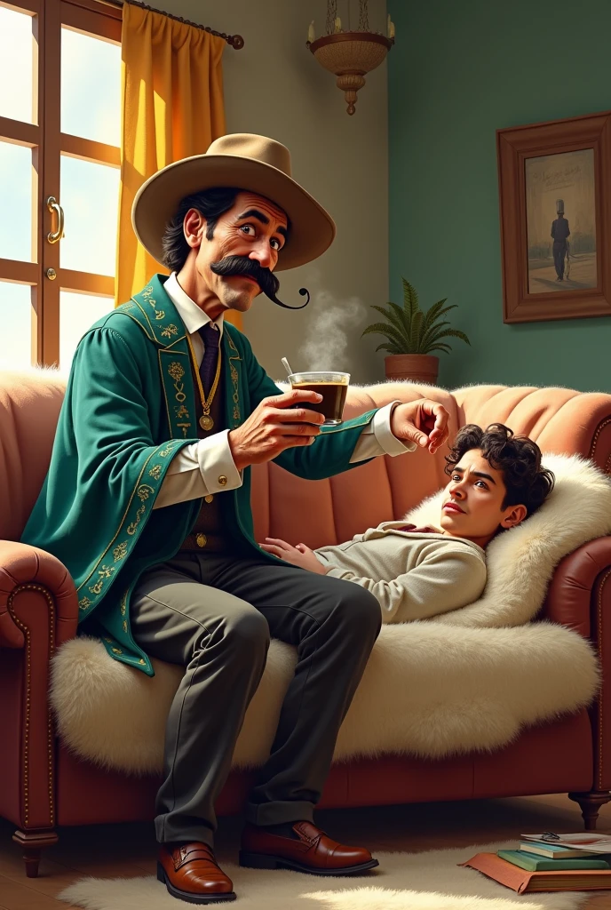 Funny illustration of a Freud-like psychologist wearing gaucho clothes offering chimarrao to a patient who is lying on a couch covered by a sheepskin